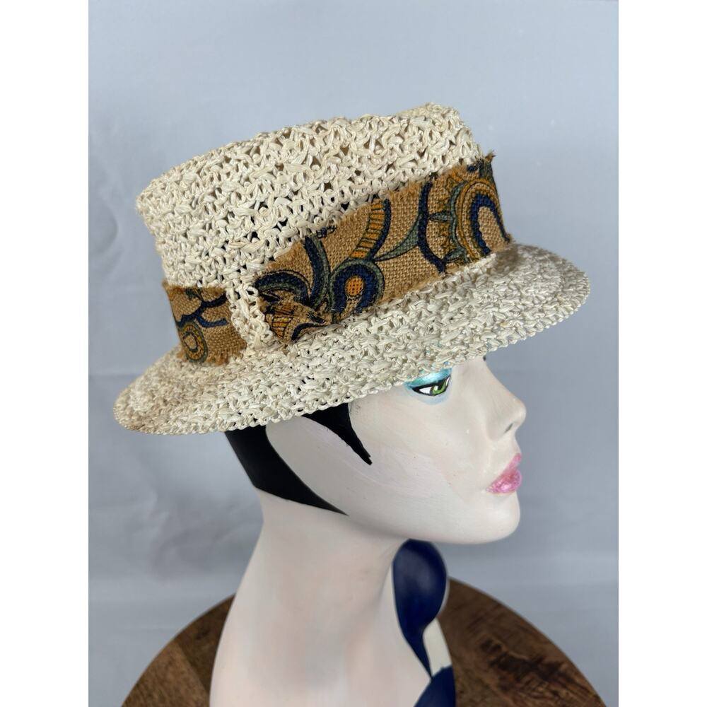 Vintage Geraldine Pontova Italian Crocheted Raffia Fedora Sun Hat 1960s-80s